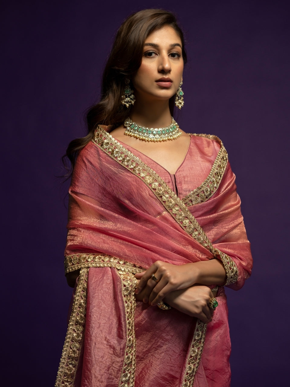 Pink Tissue Saree with Zari & Lace Border