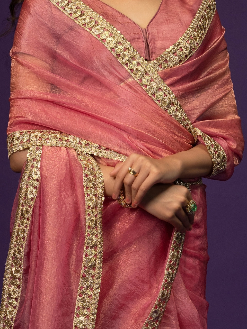 Pink Tissue Saree with Zari & Lace Border