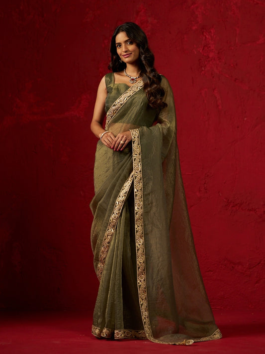Fern Green Shimmery Tissue Saree with Heavy Zari Lace