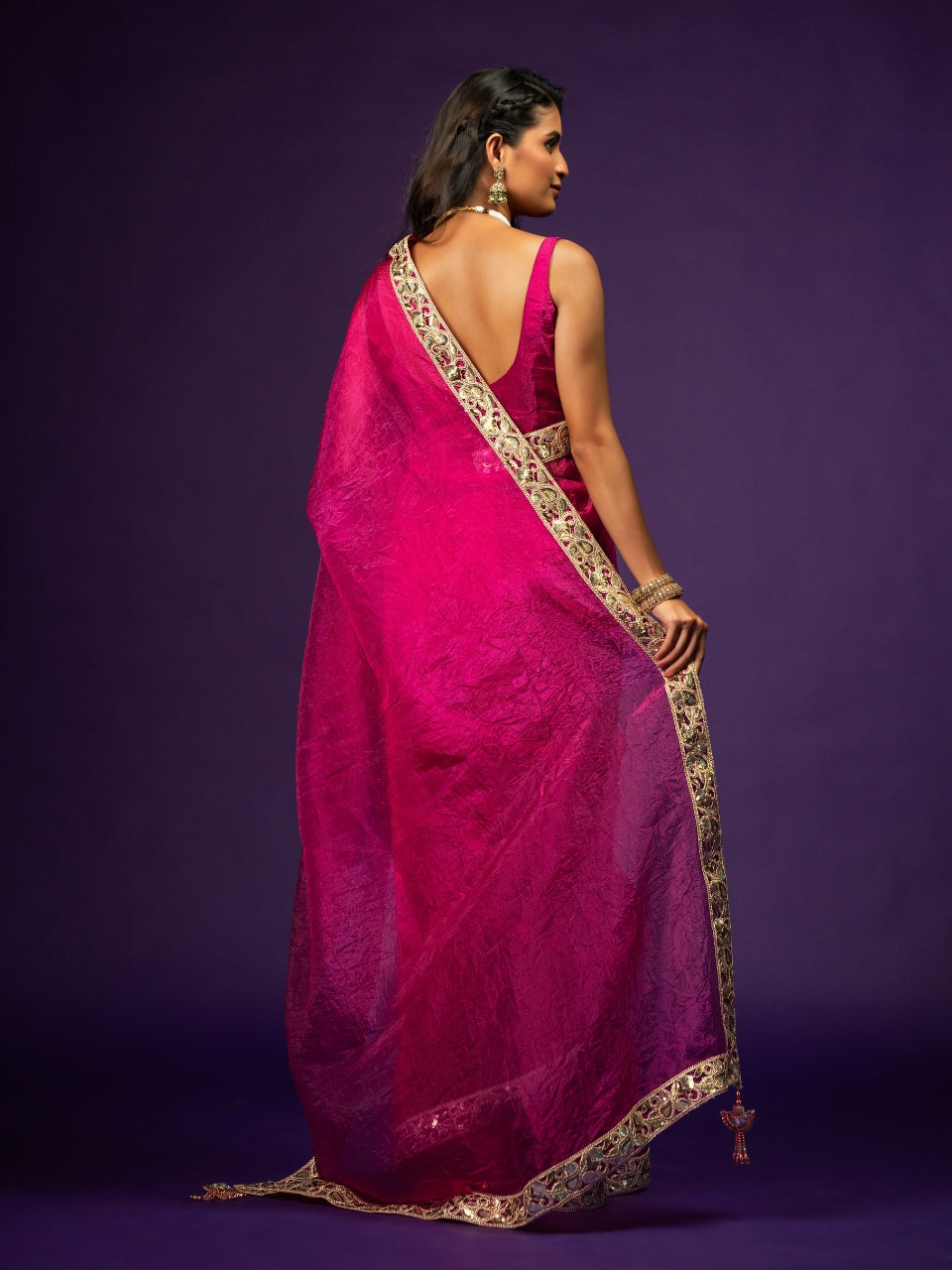 Glam Magenta Shimmery Tissue Saree with Sequin Zari Lace