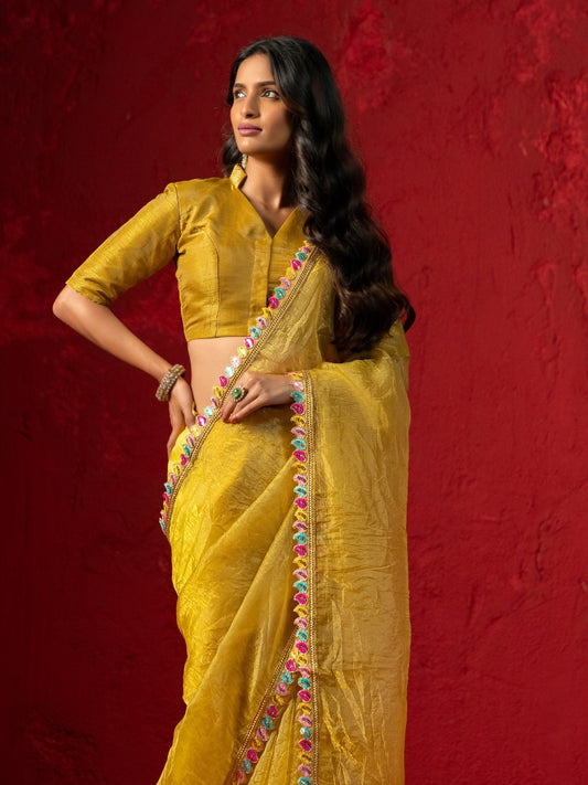 Mustard Yellow Shimmery Tissue Saree with Petal Zari Lace