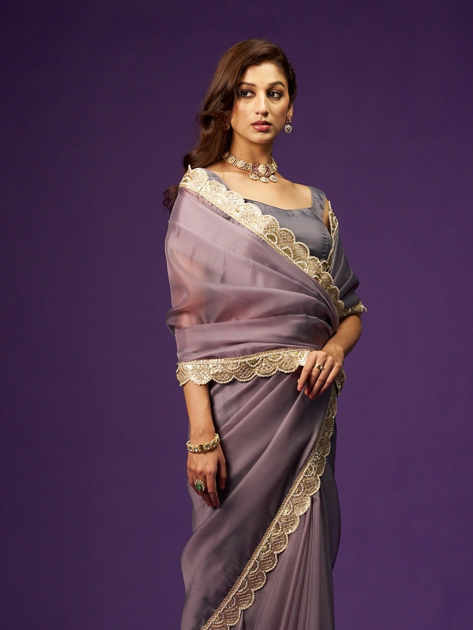 Purple Green Dual Tone Organza Saree with Moti & Sequin Lace
