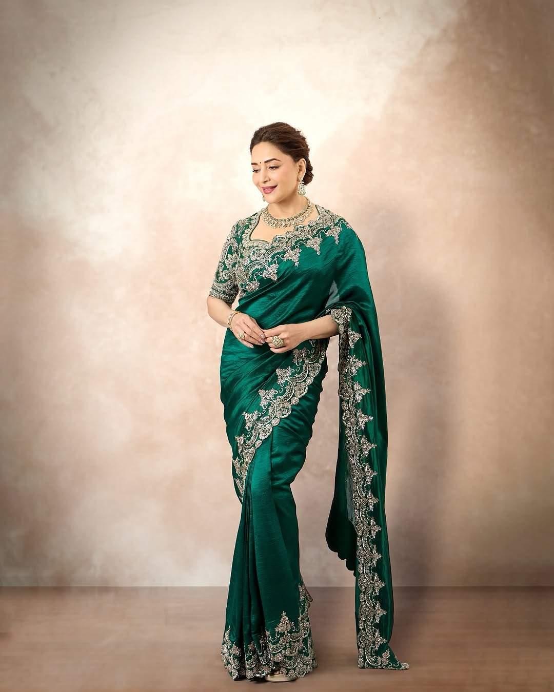 Madhuri Dixit inspired Green Satin Silk Saree with Embroidery Sequence Work