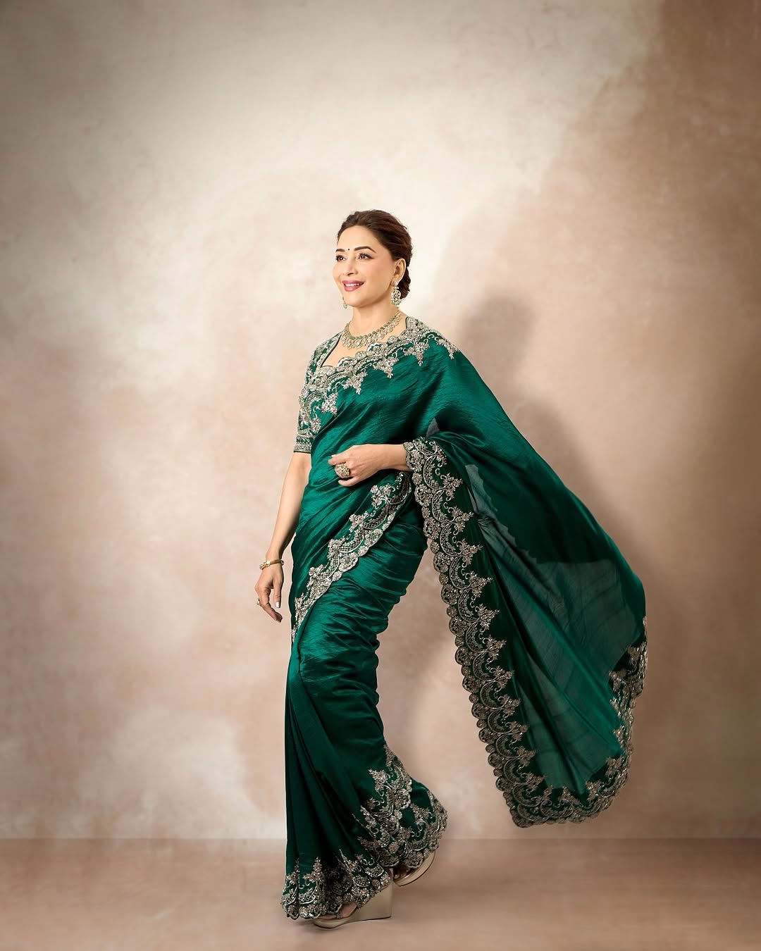Madhuri Dixit inspired Green Satin Silk Saree with Embroidery Sequence Work