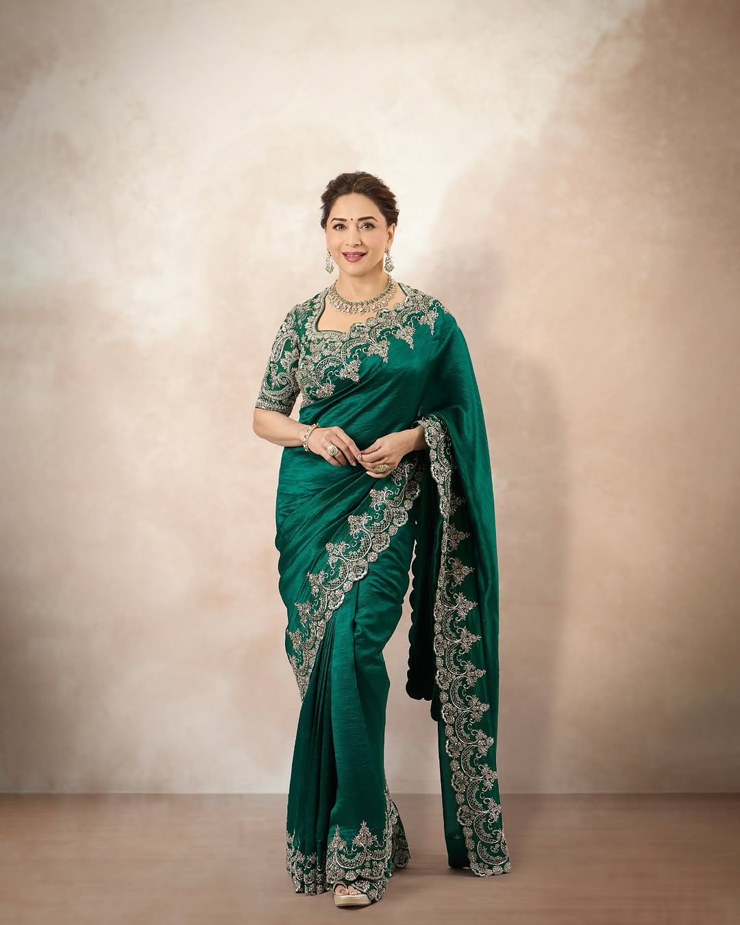 Madhuri Dixit inspired Green Satin Silk Saree with Embroidery Sequence Work