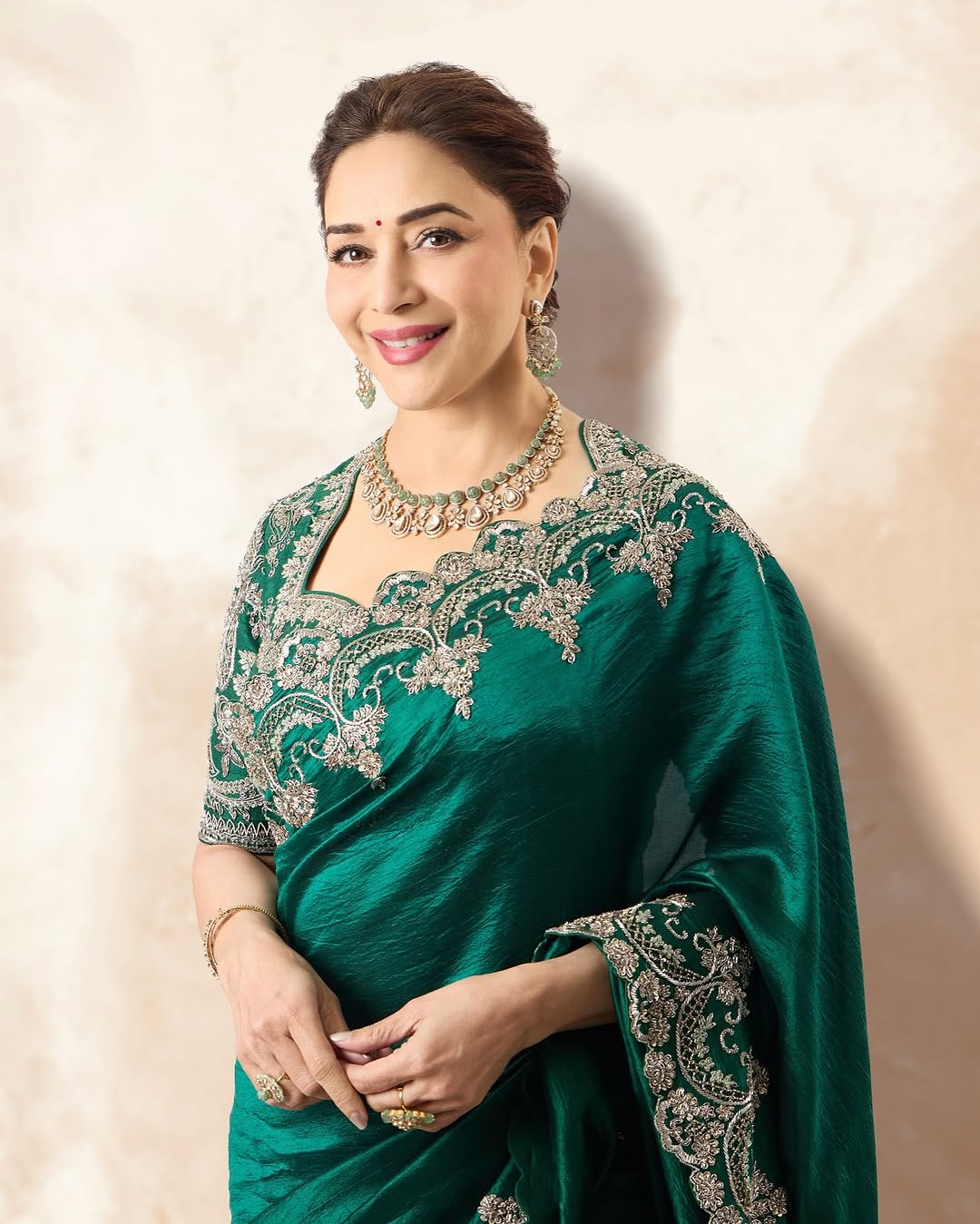Madhuri Dixit inspired Green Satin Silk Saree with Embroidery Sequence Work