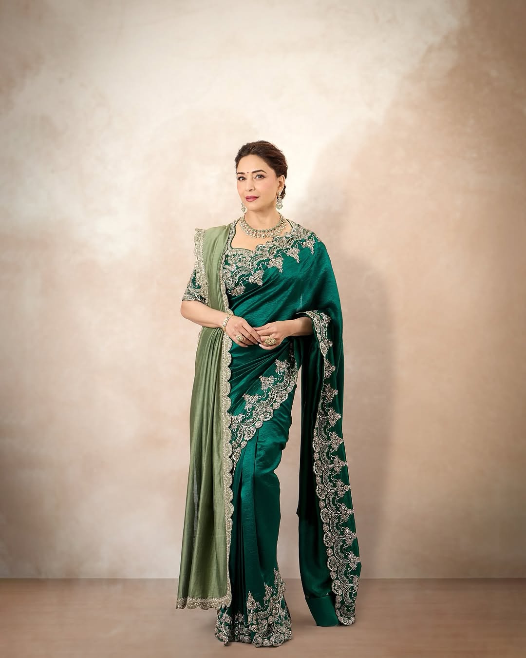 Madhuri Dixit inspired Green Satin Silk Saree with Embroidery Sequence Work