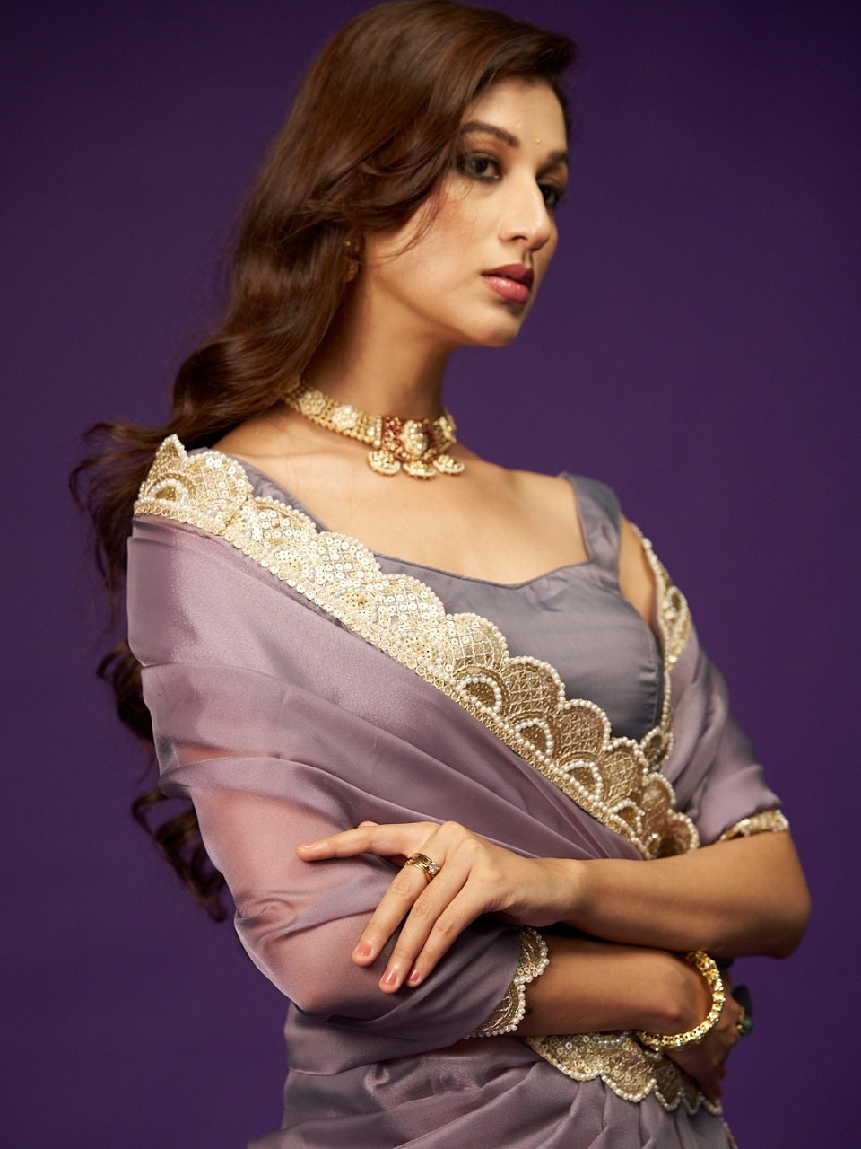 Purple Green Dual Tone Organza Saree with Moti & Sequin Lace