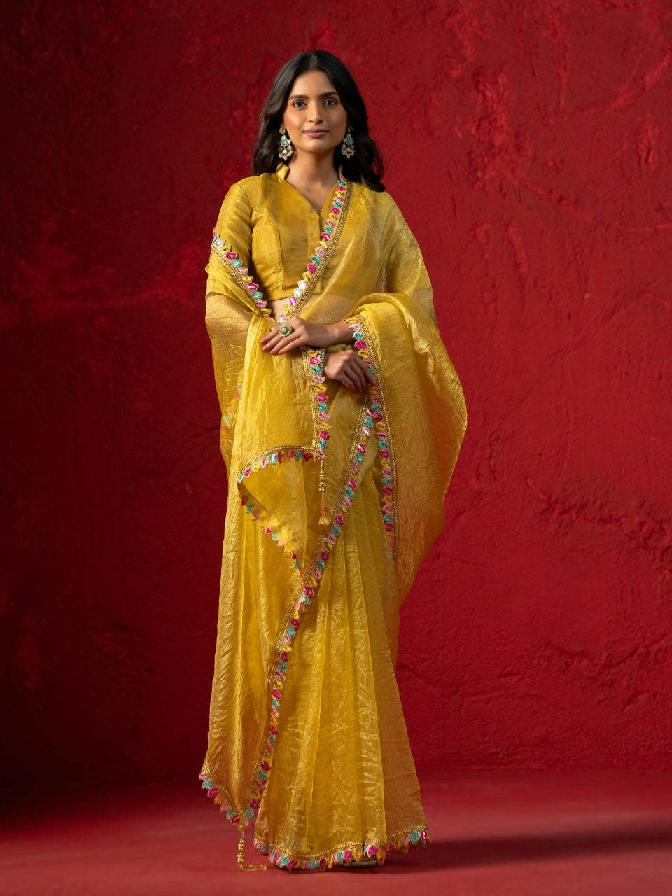 Mustard Yellow Shimmery Tissue Saree with Petal Zari Lace