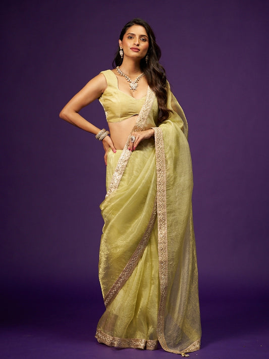 Pastel Yellow Tissue Saree with Sequin Zari Lace