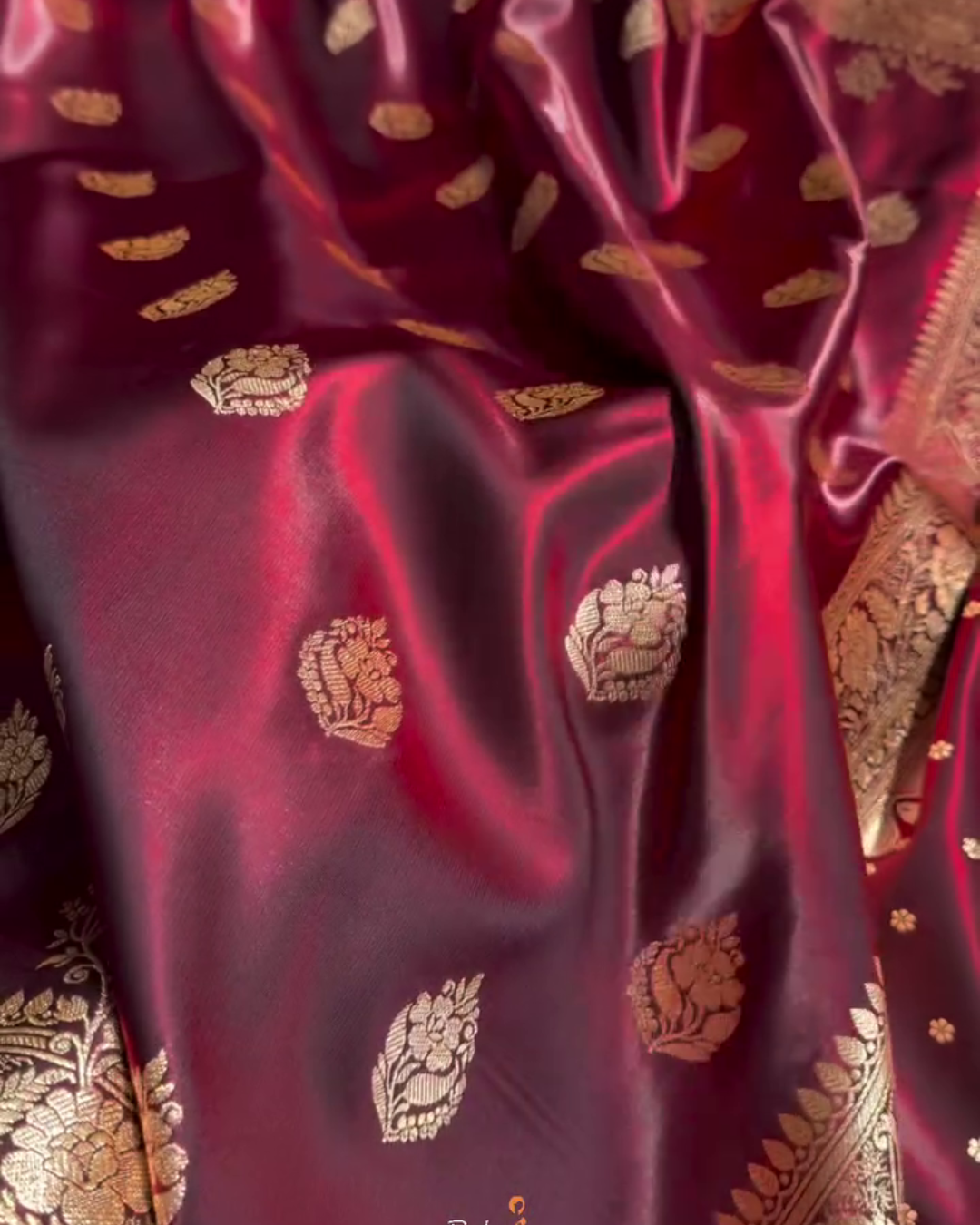 Maroon Banarasi Satin Saree with Golden Zari Floral Weaving
