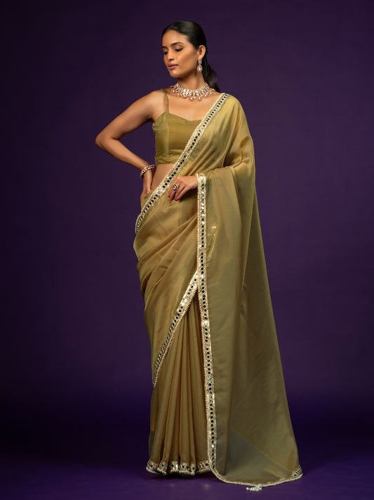 Moss Green Organza Saree with Mirror Border & Latkan
