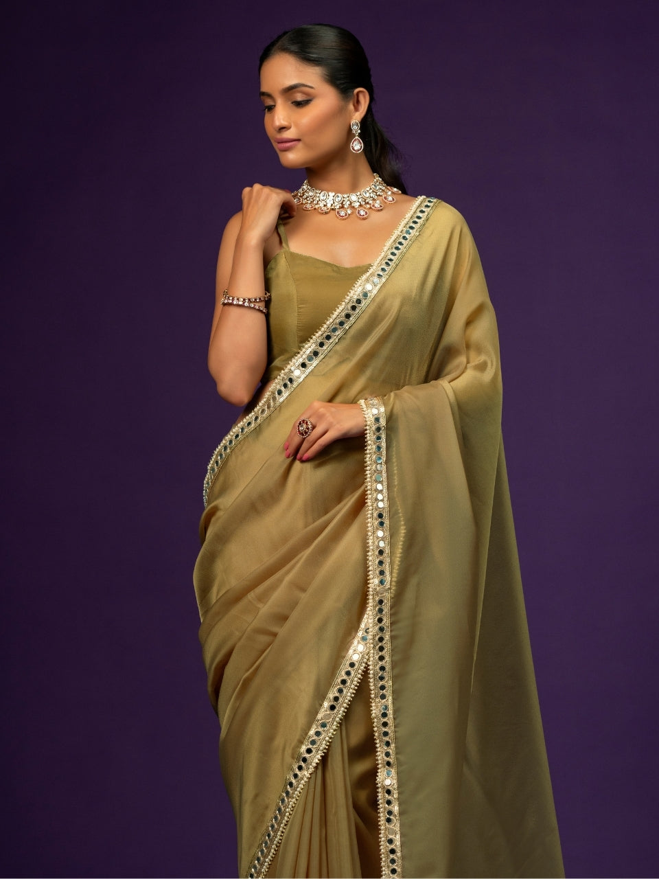 Moss Green Organza Saree with Mirror Border & Latkan