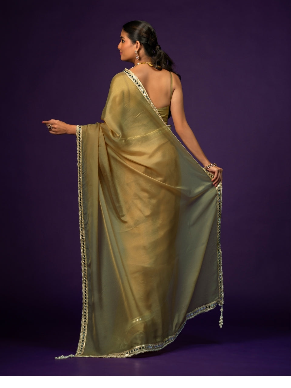 Moss Green Organza Saree with Mirror Border & Latkan