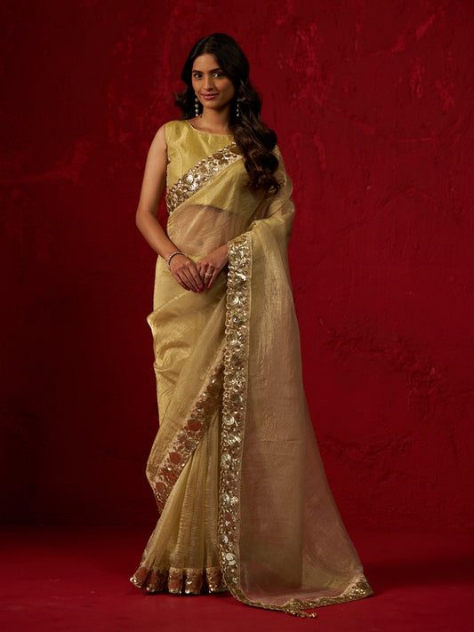 Flax Yellow Shimmery Tissue Saree with Sequin Border