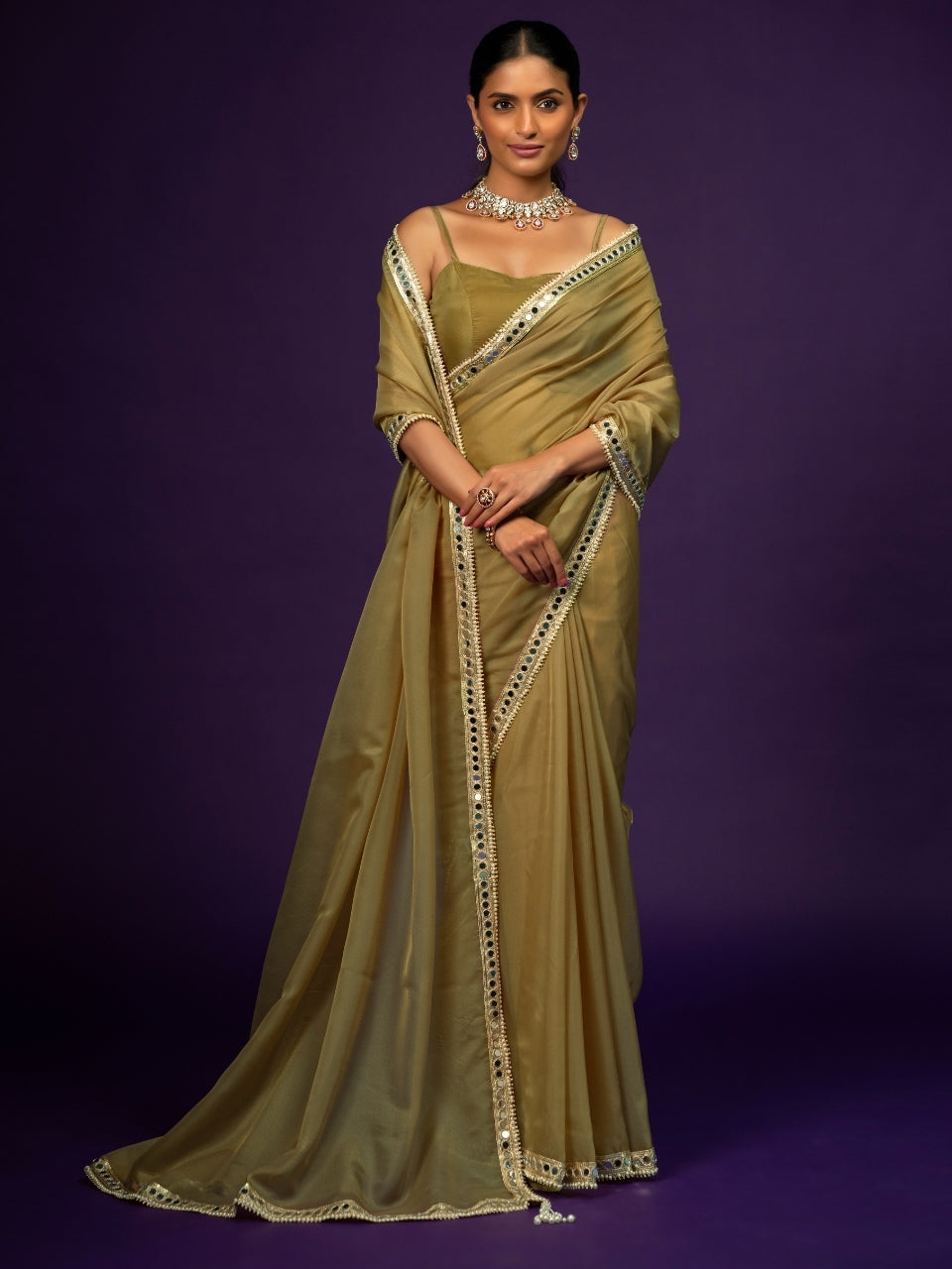 Moss Green Organza Saree with Mirror Border & Latkan