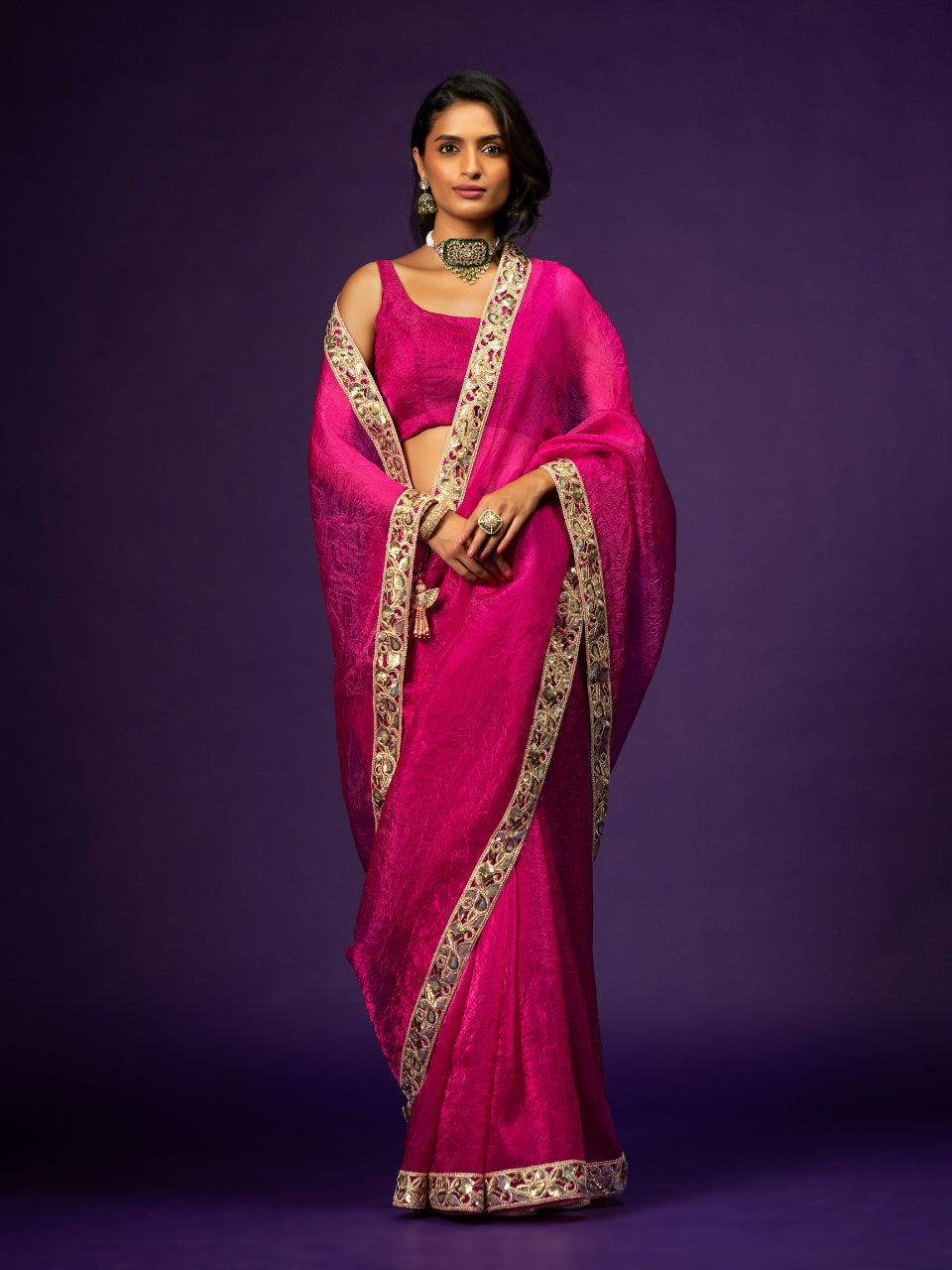Glam Magenta Shimmery Tissue Saree with Sequin Zari Lace