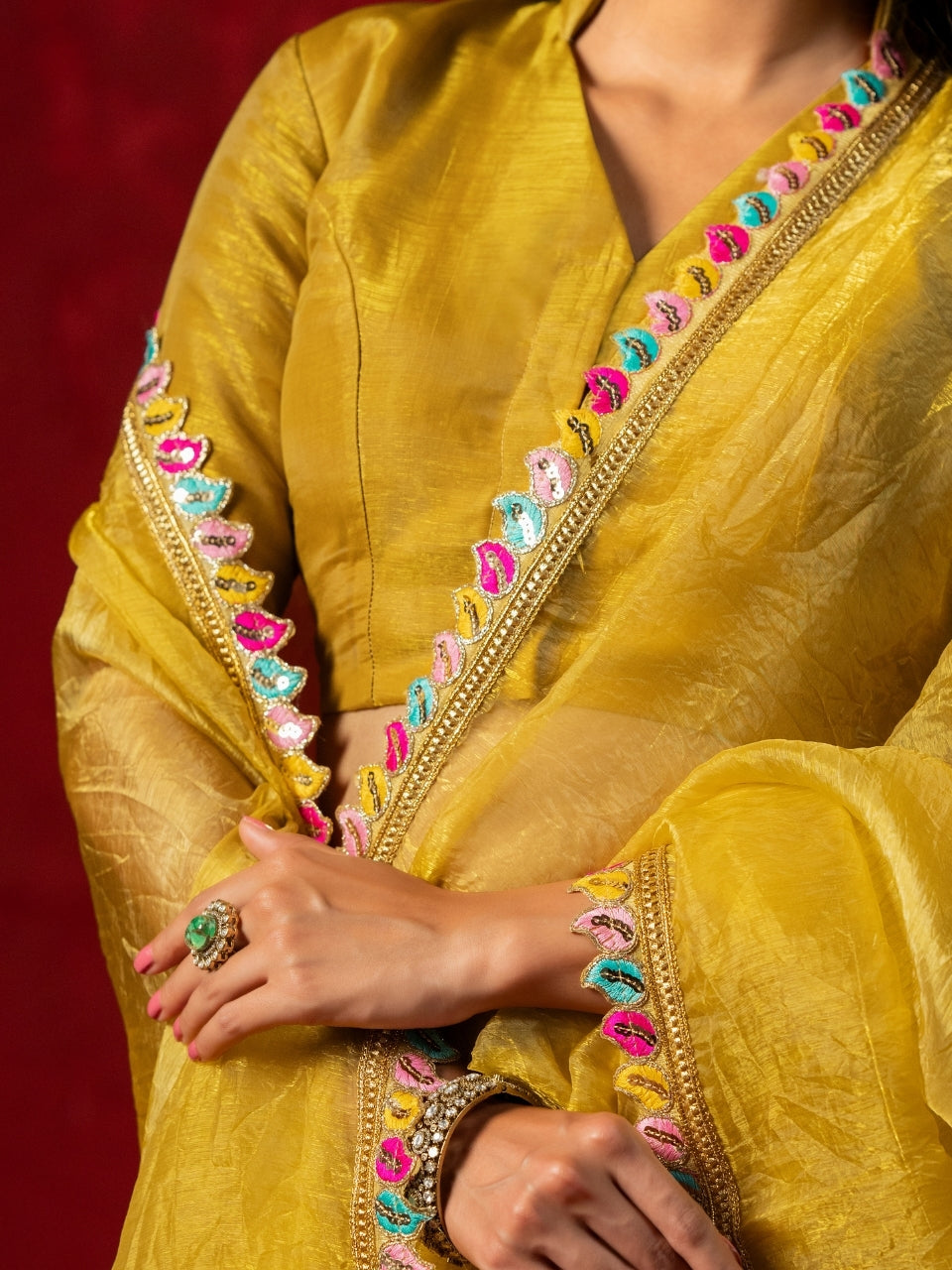 Mustard Yellow Shimmery Tissue Saree with Petal Zari Lace