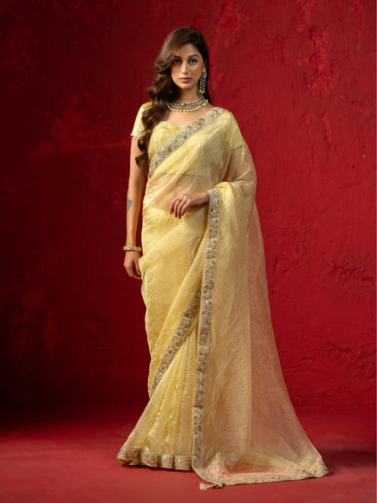 Light Goldenrod Tissue Saree with Heavy Sequin Border