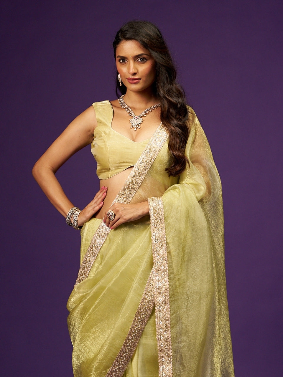 Pastel Yellow Tissue Saree with Sequin Zari Lace