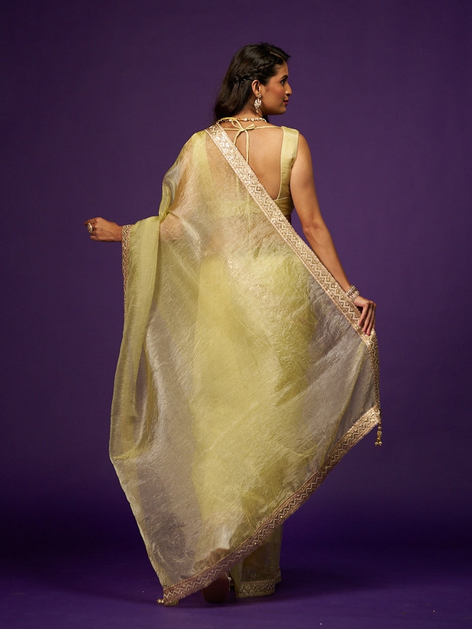 Pastel Yellow Tissue Saree with Sequin Zari Lace