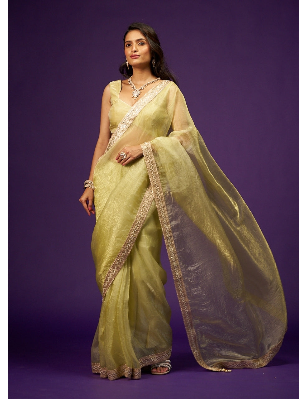 Pastel Yellow Tissue Saree with Sequin Zari Lace