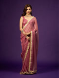 Lavender Pink Dual Tone Organza Saree with Zari Moti Lace