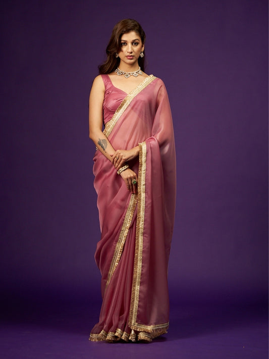 Lavender Pink Dual Tone Organza Saree with Zari Moti Lace