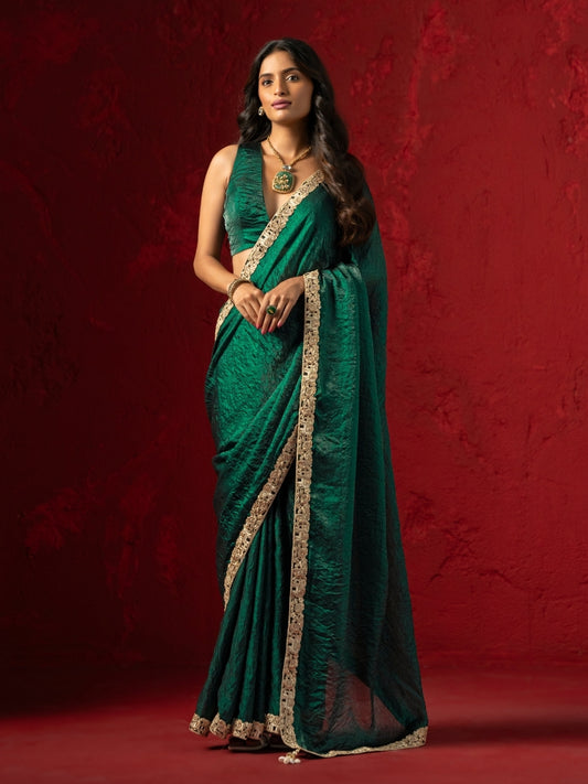 Castleton Green Satin Crush Saree with Heavy Zari Border