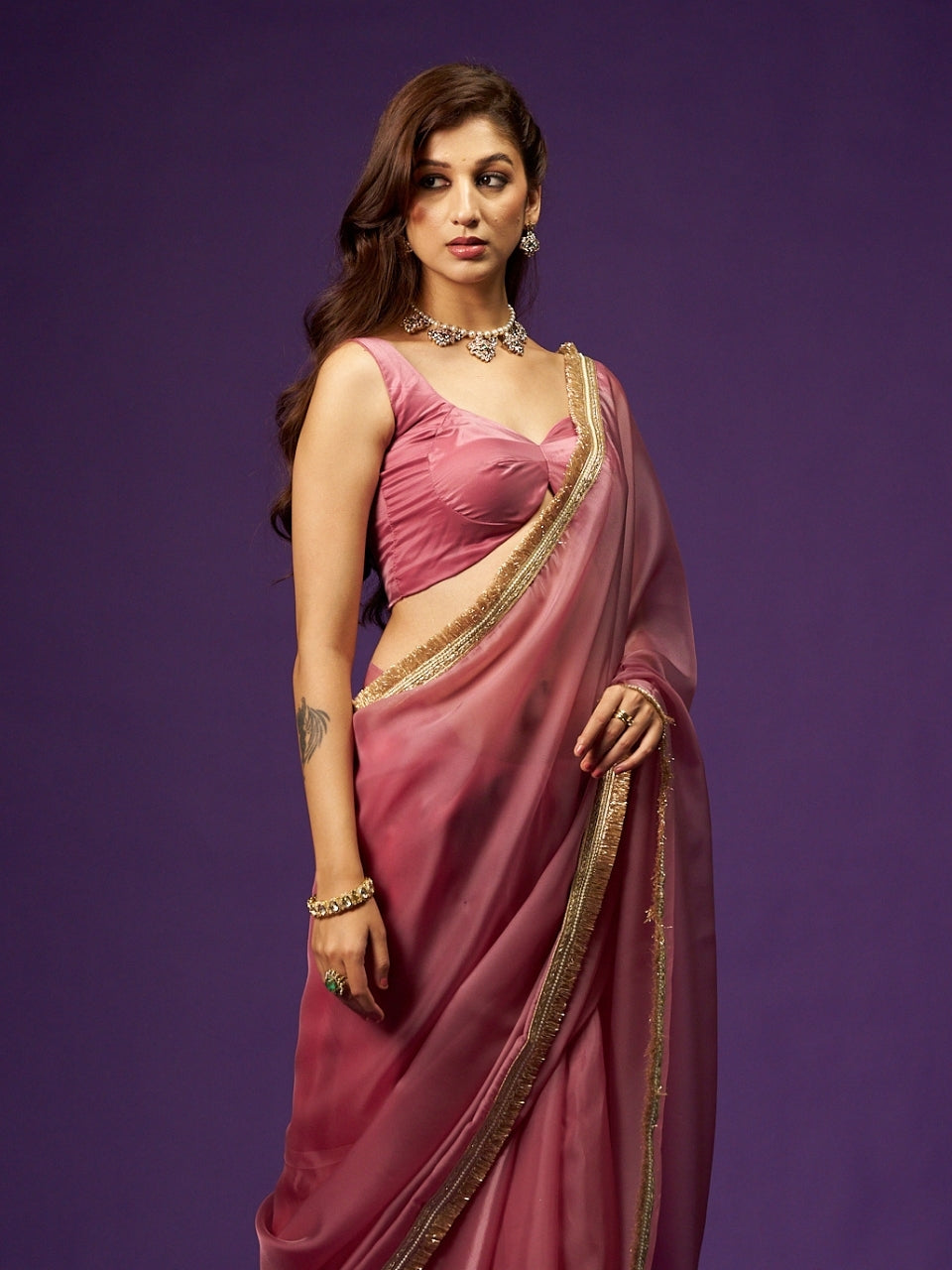 Lavender Pink Dual Tone Organza Saree with Zari Moti Lace