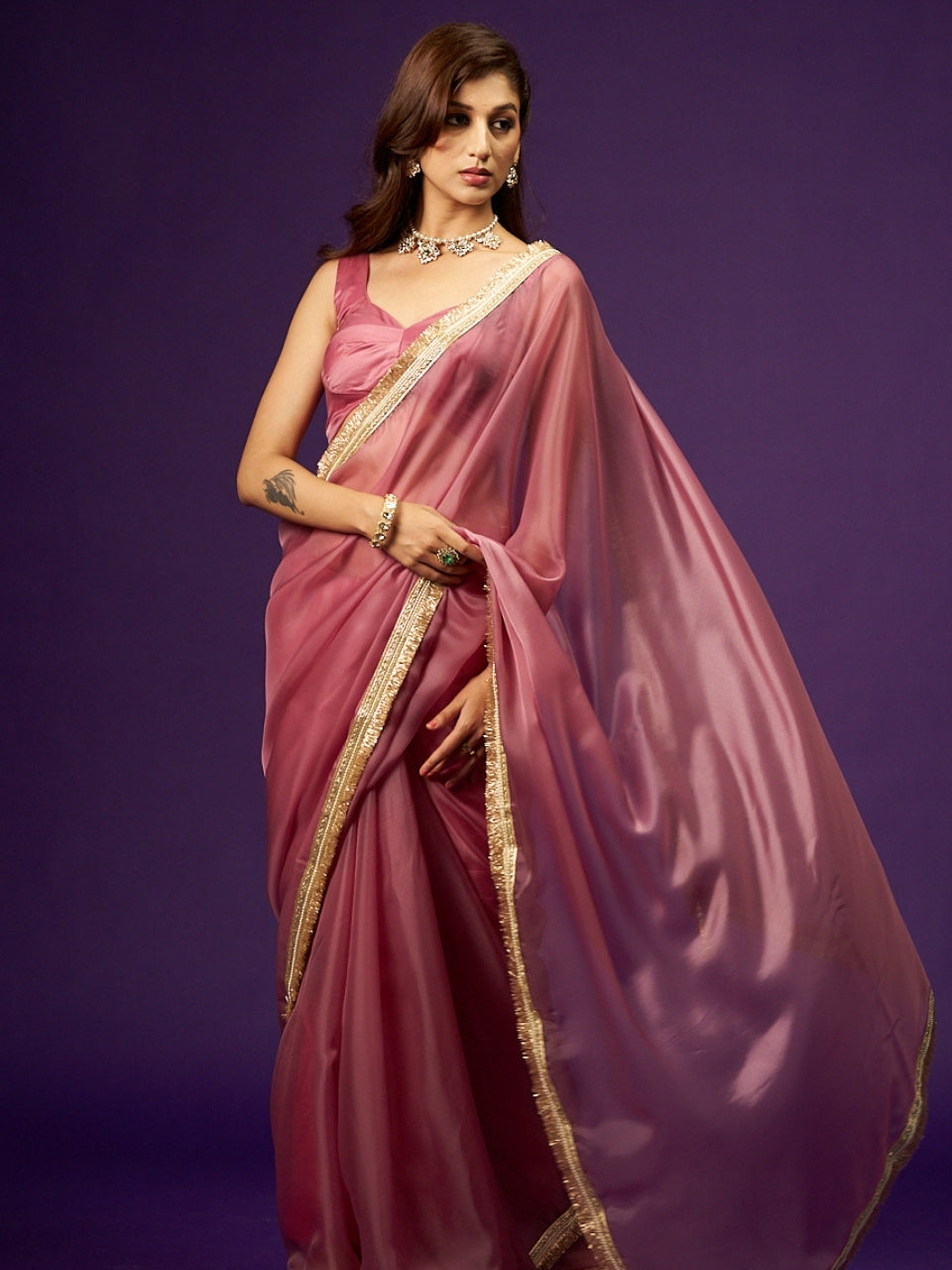 Lavender Pink Dual Tone Organza Saree with Zari Moti Lace