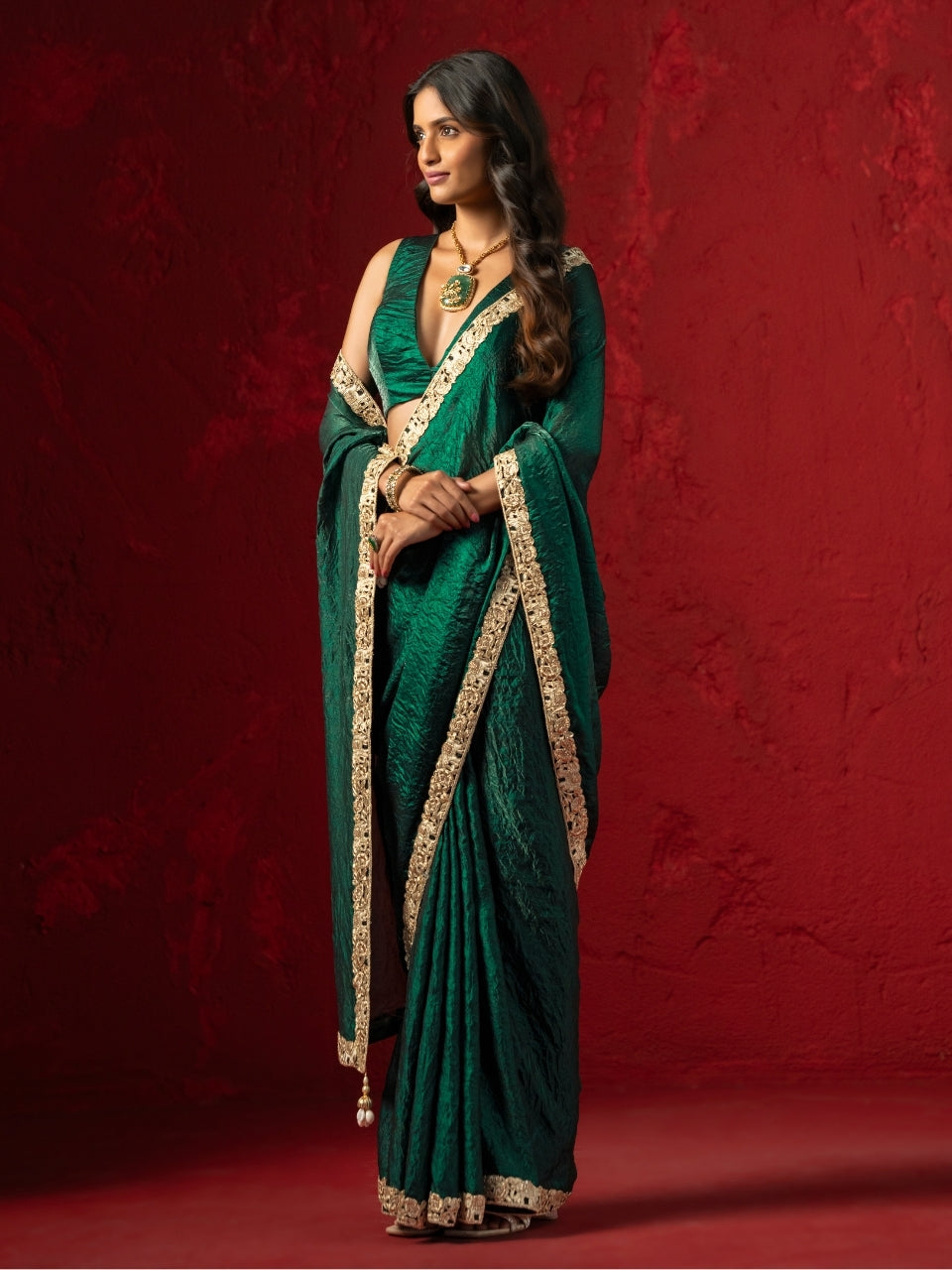Castleton Green Satin Crush Saree with Heavy Zari Border