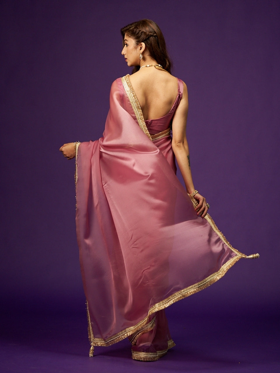 Lavender Pink Dual Tone Organza Saree with Zari Moti Lace