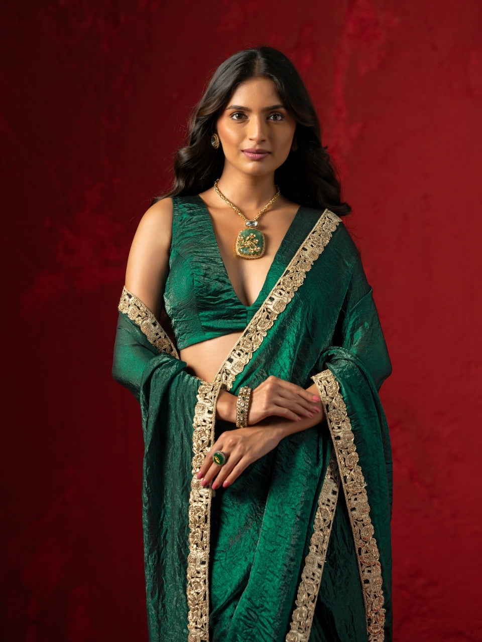 Castleton Green Satin Crush Saree with Heavy Zari Border