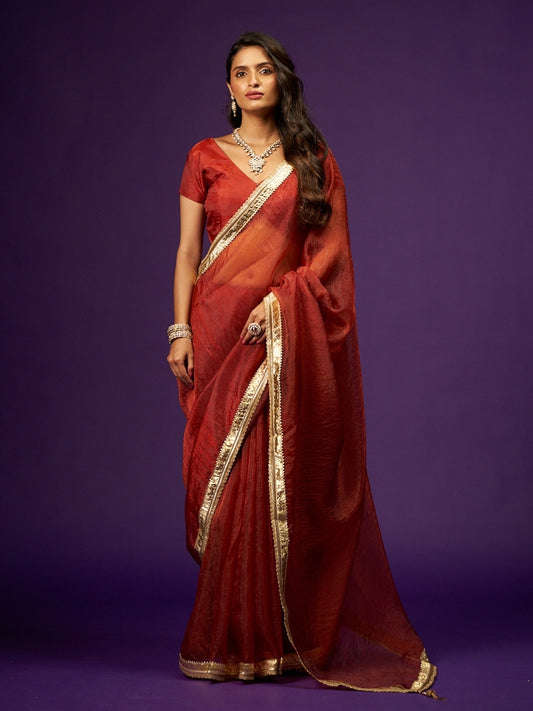 Garnet Red Tissue Saree with Gotta Patti & Zari Lace