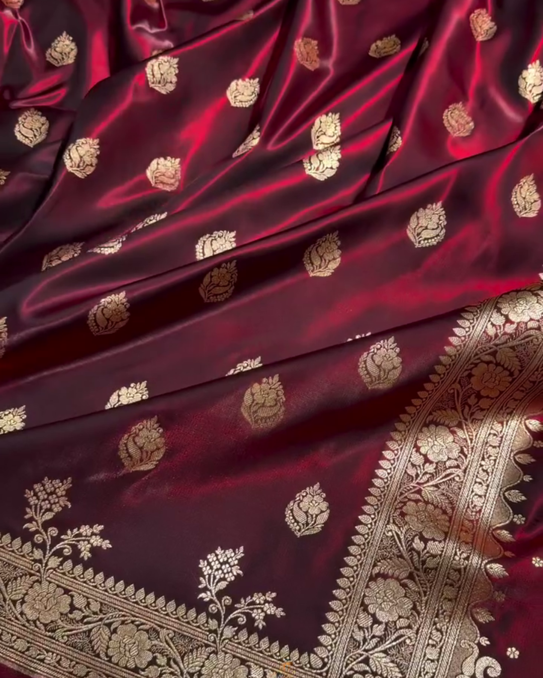 Maroon Banarasi Satin Saree with Golden Zari Floral Weaving