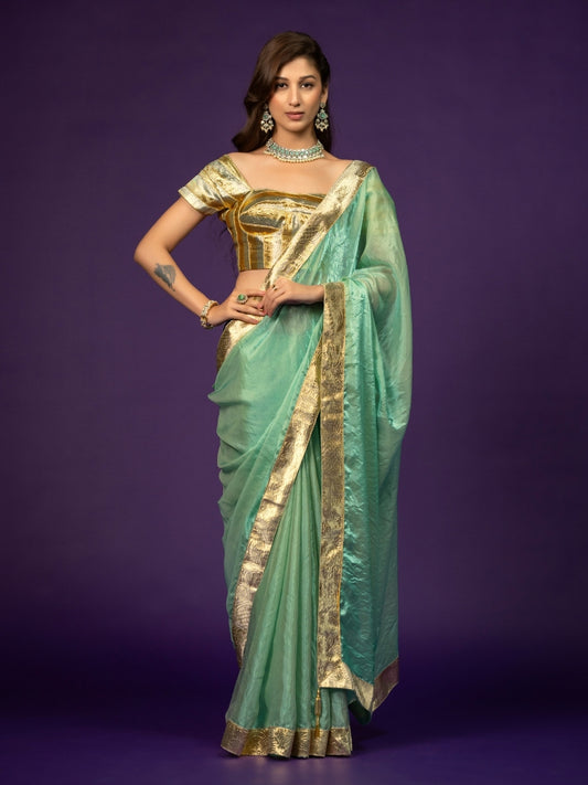 Metallic Sky Blue Satin Saree with Gotta Patti Border