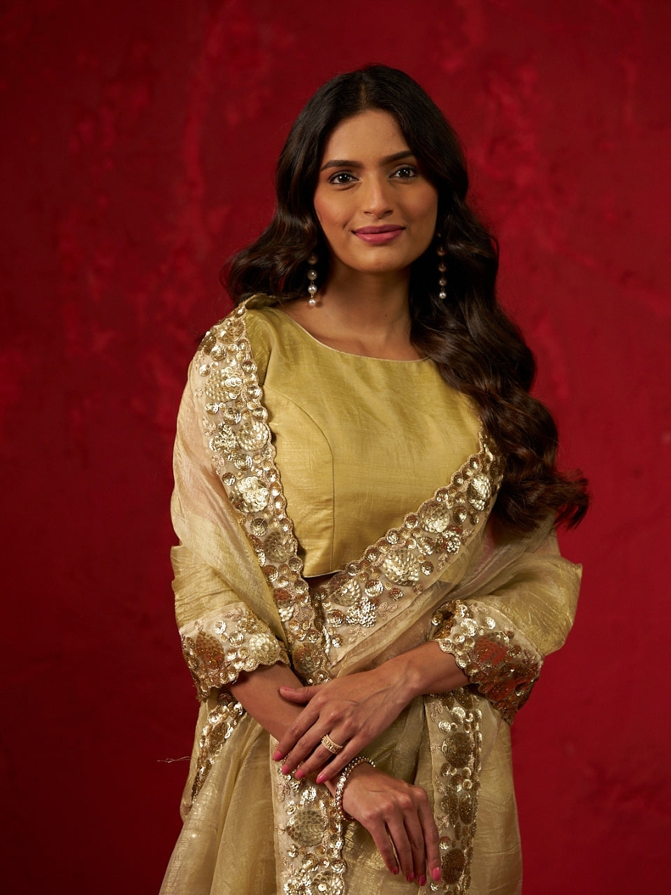 Flax Yellow Shimmery Tissue Saree with Sequin Border