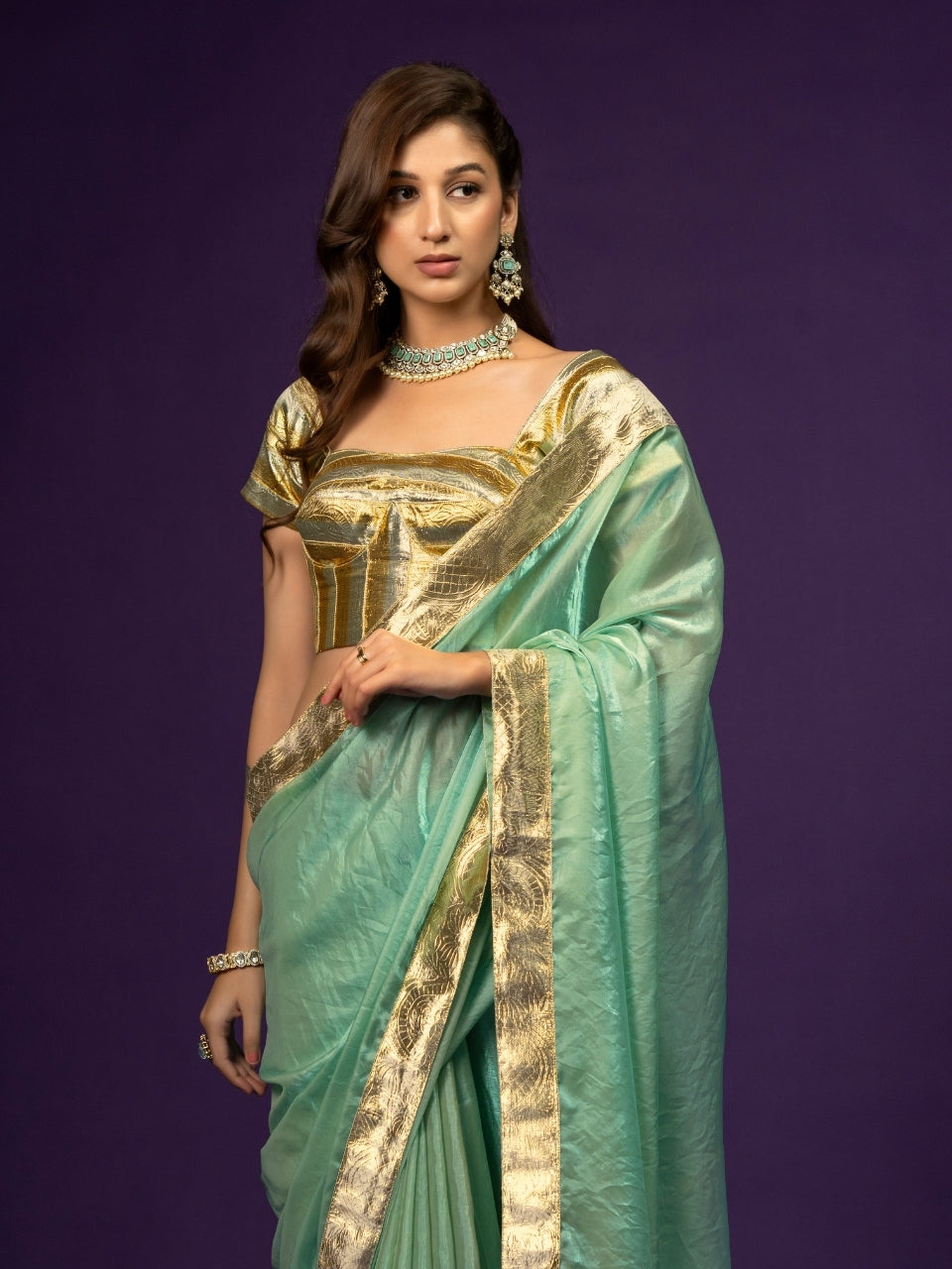 Metallic Sky Blue Satin Saree with Gotta Patti Border