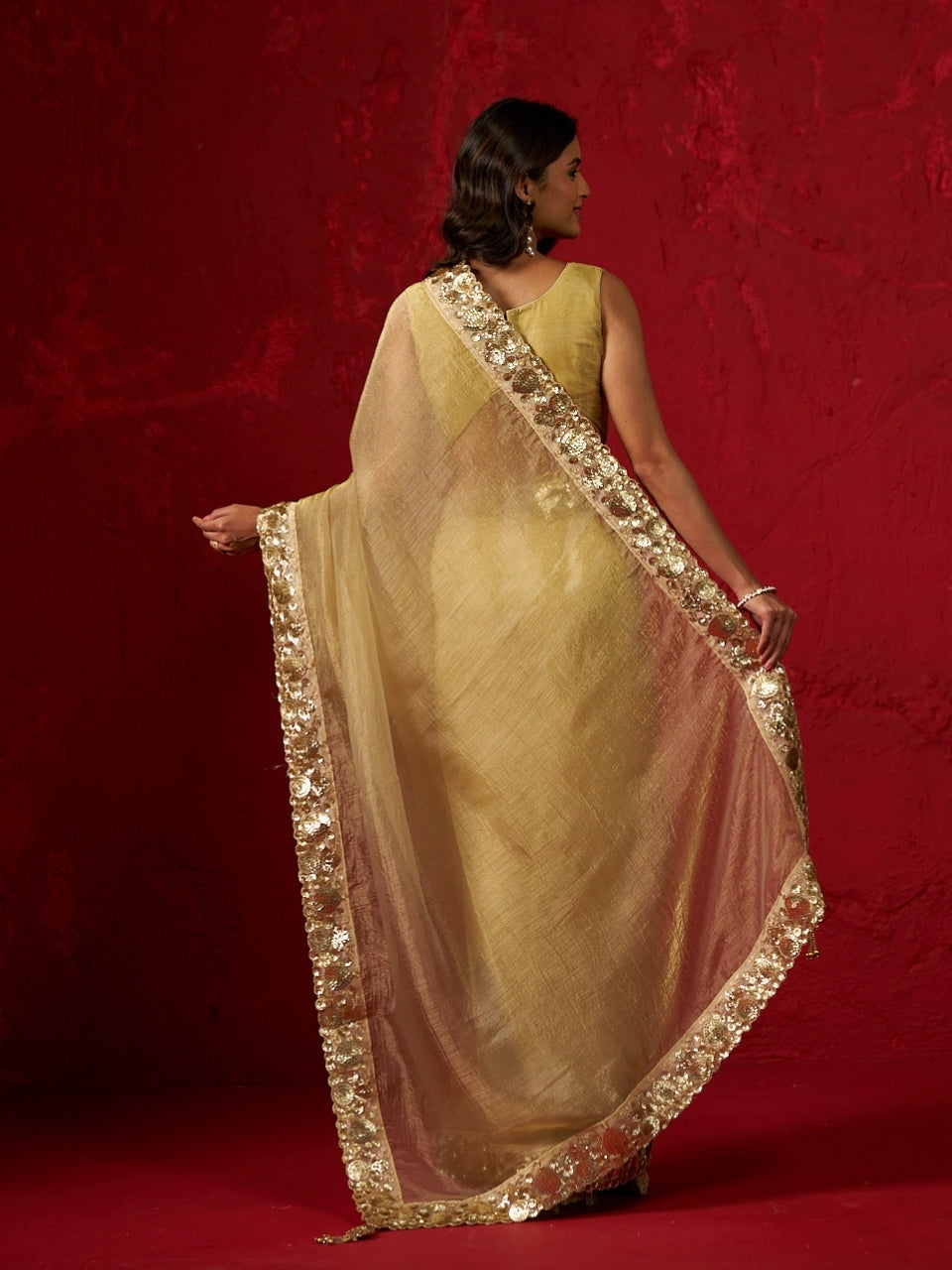 Flax Yellow Shimmery Tissue Saree with Sequin Border