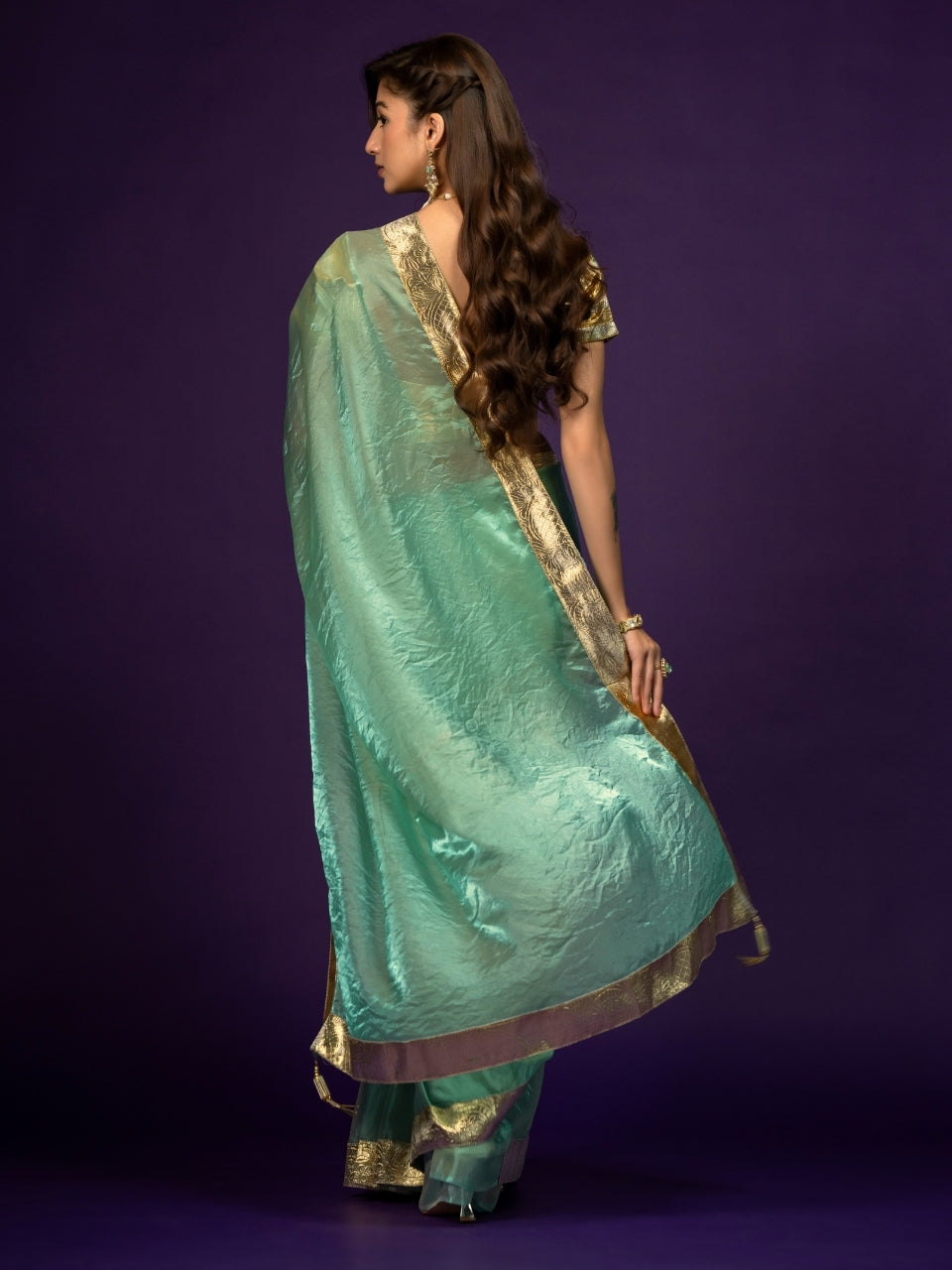 Metallic Sky Blue Satin Saree with Gotta Patti Border