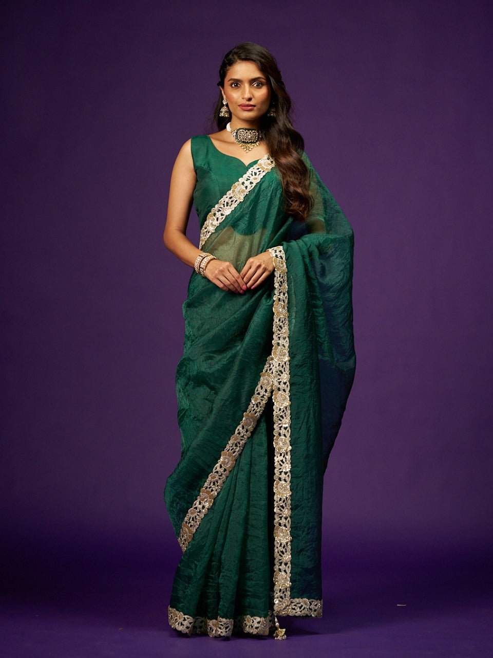 Foxtons Green Tissue Saree with Sequin Zari Lace