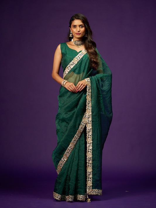 Foxtons Green Tissue Saree with Sequin Zari Lace