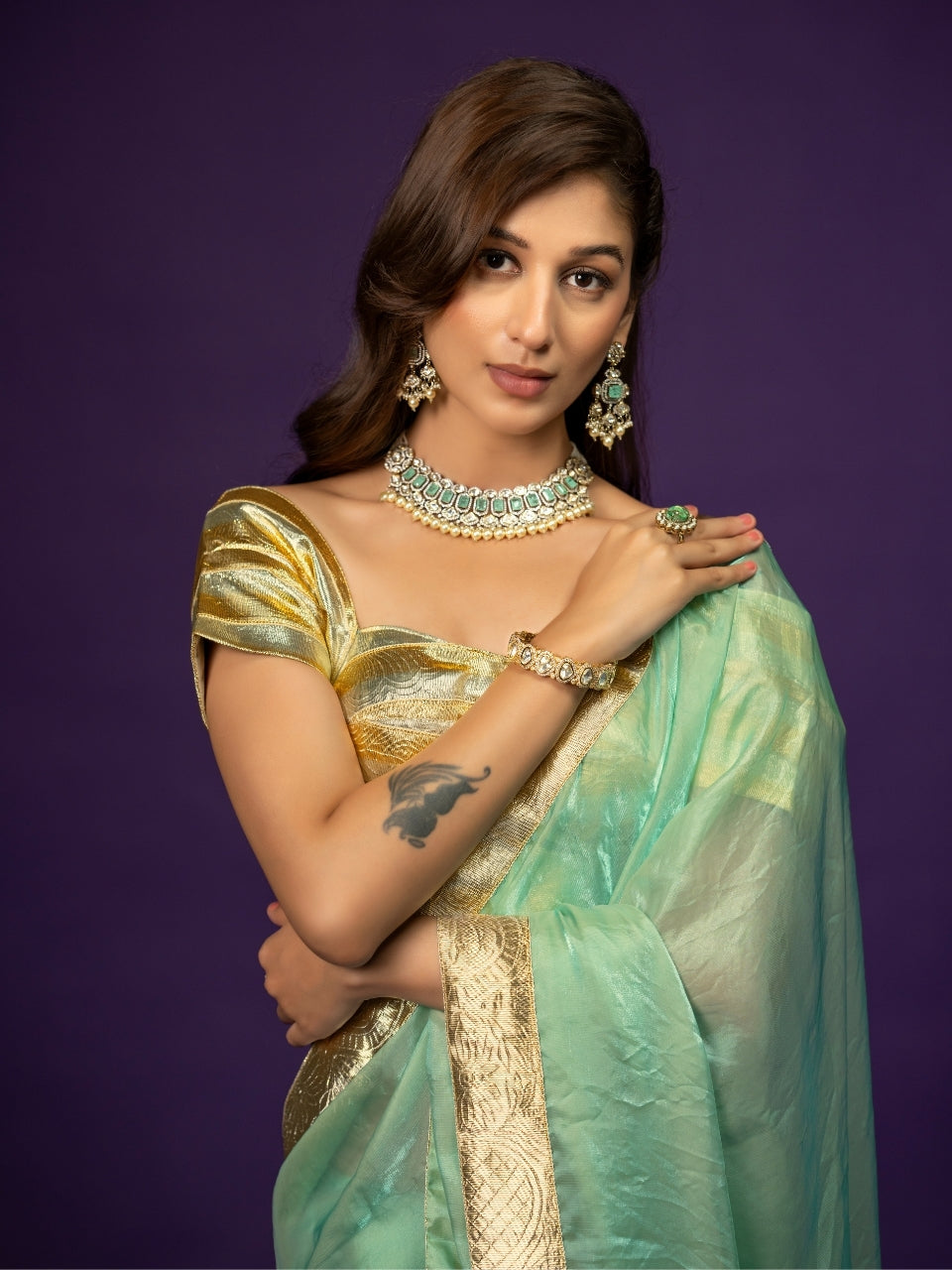 Metallic Sky Blue Satin Saree with Gotta Patti Border
