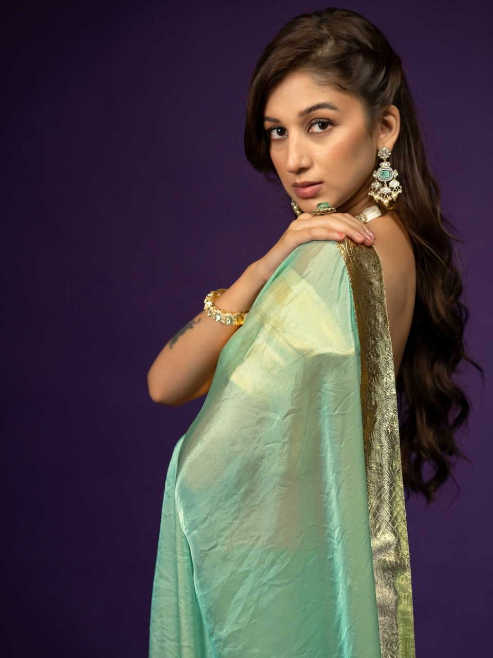 Metallic Sky Blue Satin Saree with Gotta Patti Border