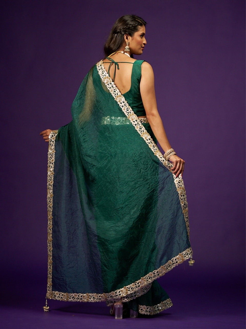 Foxtons Green Tissue Saree with Sequin Zari Lace