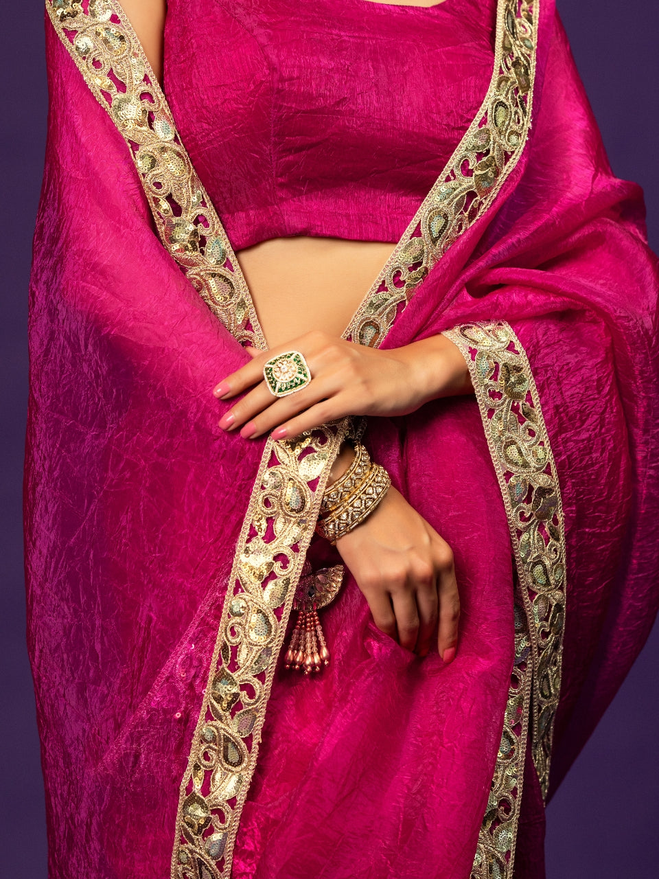 Glam Magenta Shimmery Tissue Saree with Sequin Zari Lace