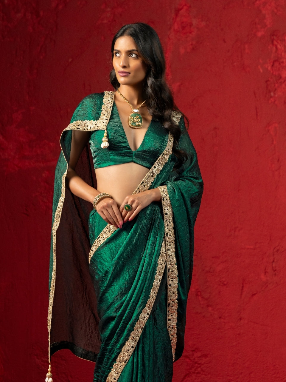 Castleton Green Satin Crush Saree with Heavy Zari Border