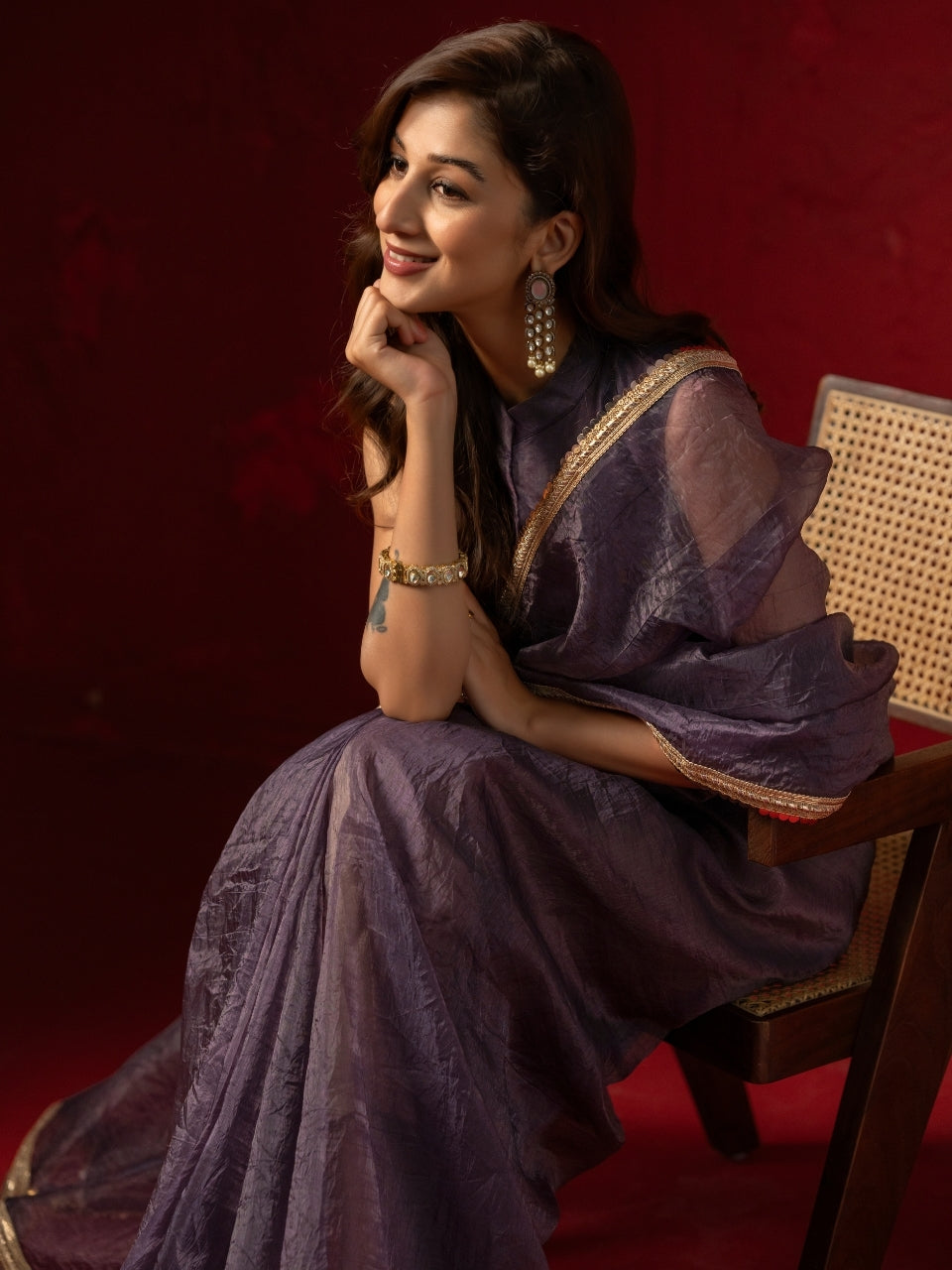 Imperial Purple Tissue Saree with Sequin Lace & Latkan