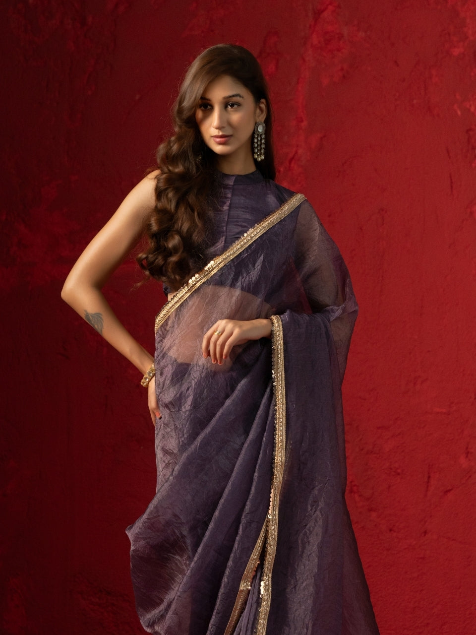 Imperial Purple Tissue Saree with Sequin Lace & Latkan